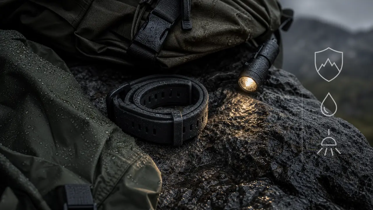 Rugged outdoor gear scene representing durable smartwatch design