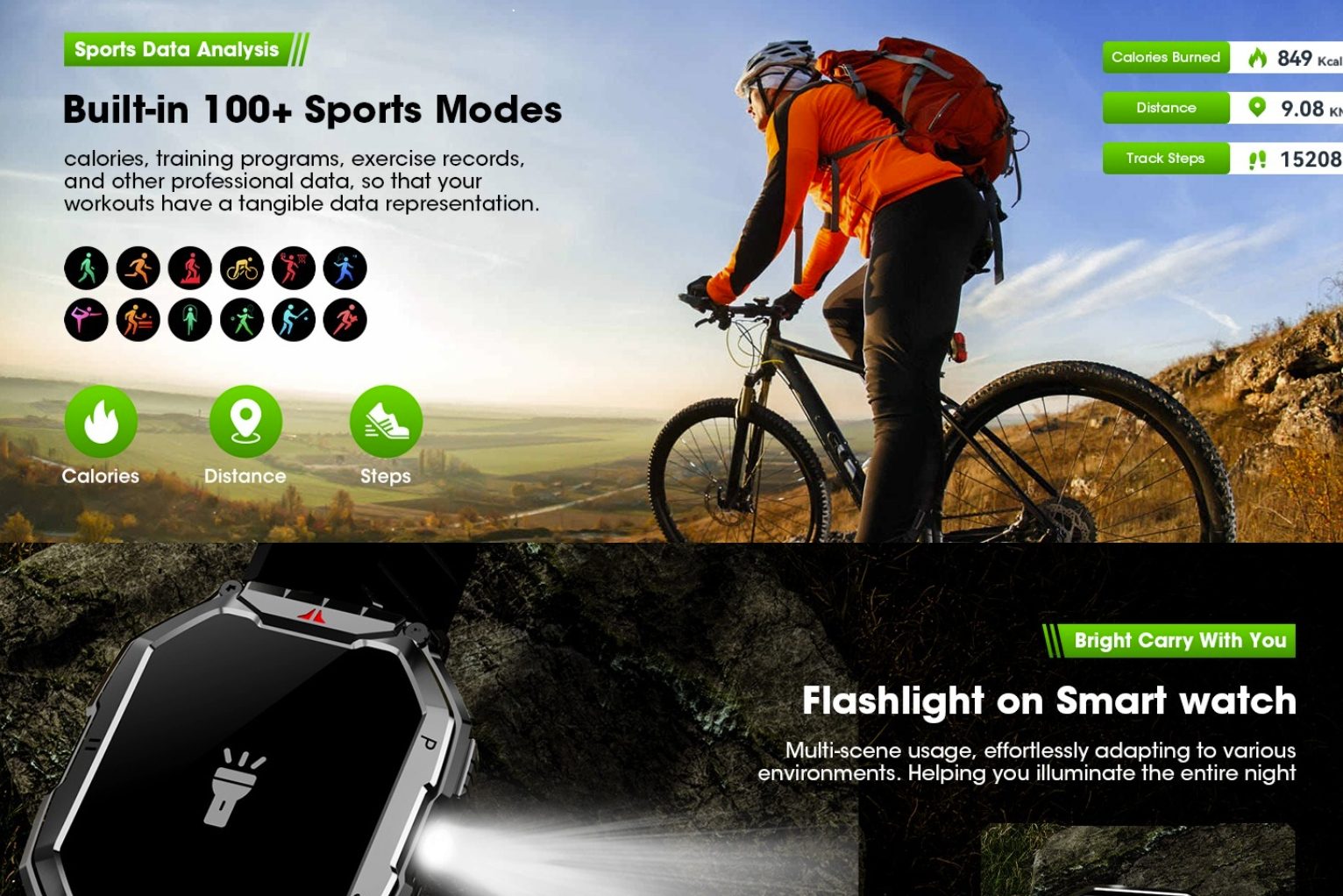MingDaln sports tracking and flashlight scenes