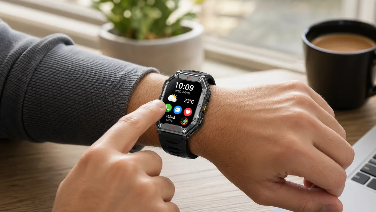 MingDaln 1.85 HD smartwatch touch display used in a daily setting
