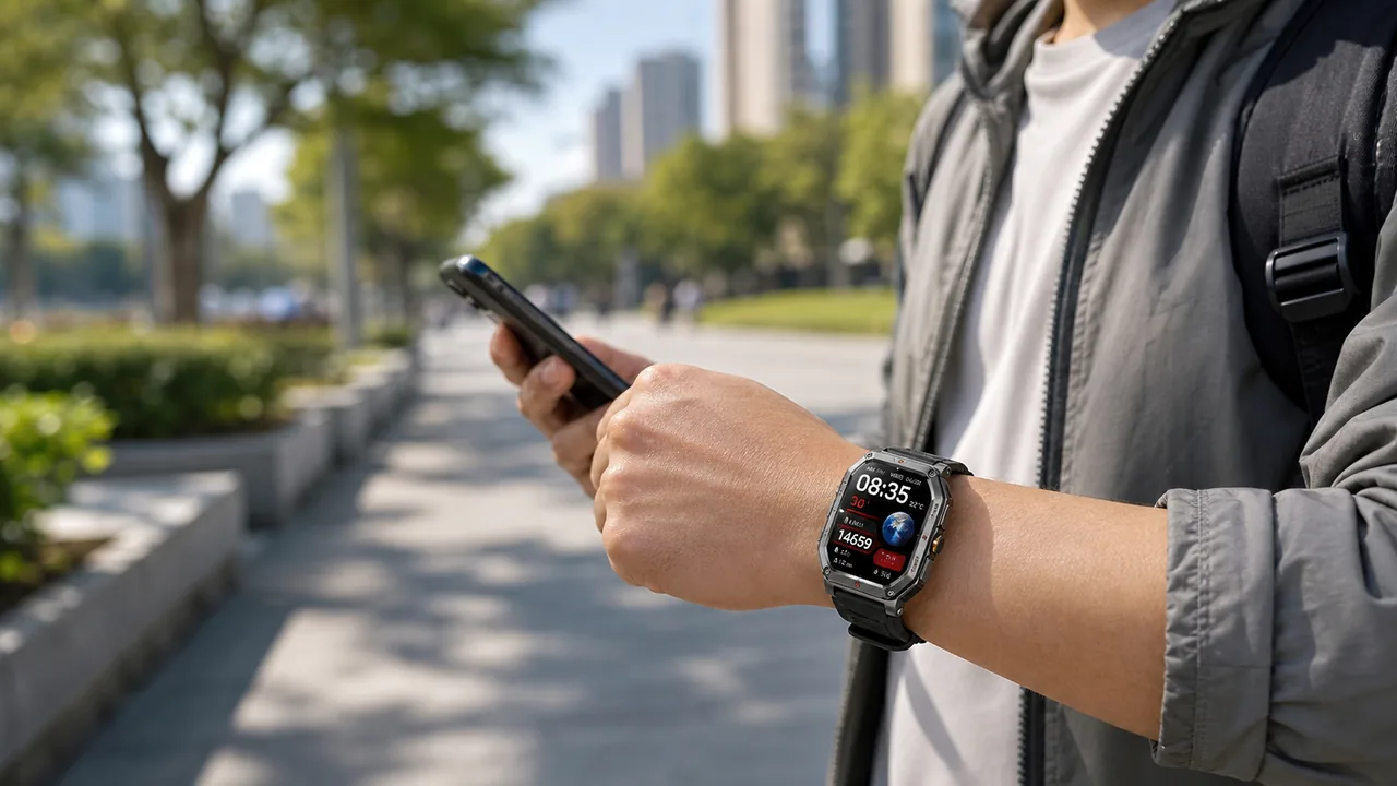 MingDaln 1.85 HD smartwatch worn during an everyday outdoor routine