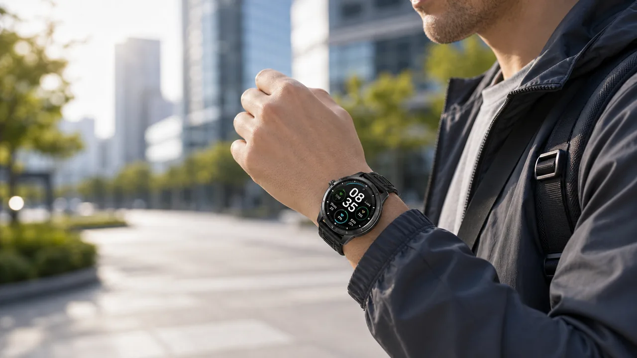 MingDaln 1.39 inch men smart watch worn during a daily commute