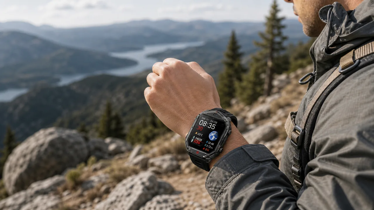 MingDaln military outdoor smart watch worn during hiking