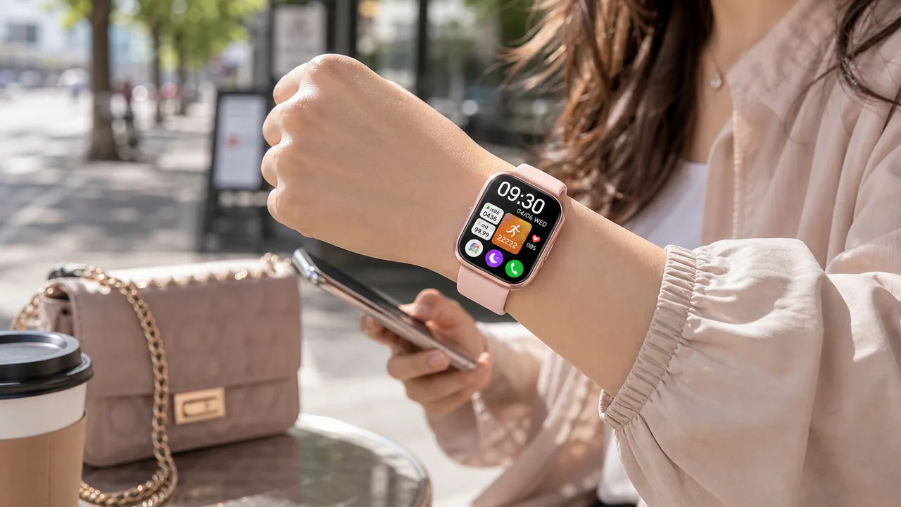 MingDaln 1.85 women smartwatch worn during a stylish daily routine