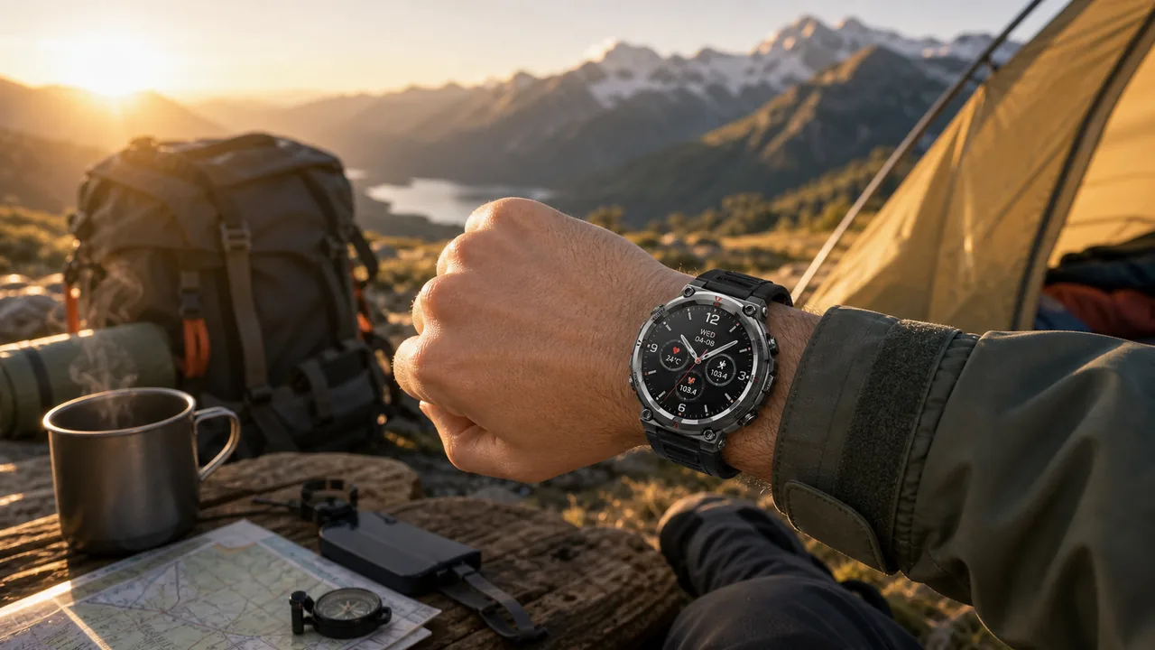 MingDaln Military 55mm smartwatch used during long outdoor travel