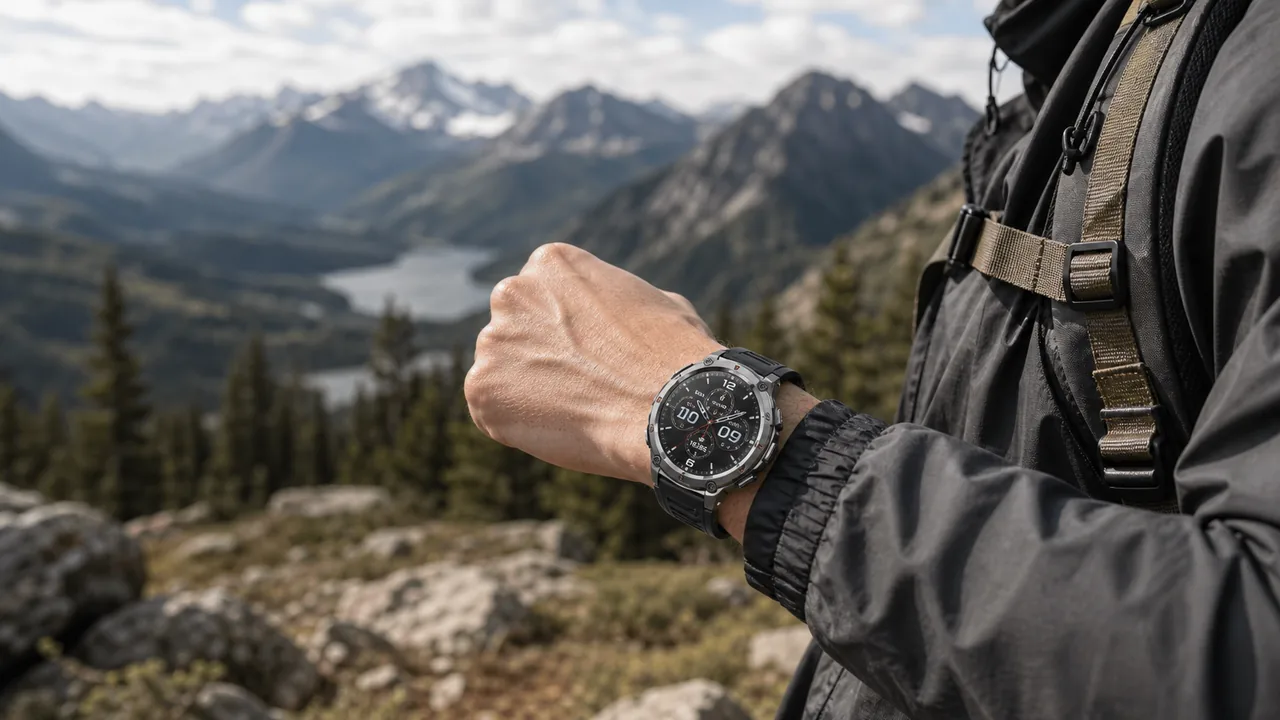 MingDaln Military 55mm smartwatch worn during an outdoor hiking routine